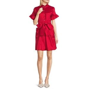 J Marie Cami Dress Womens Large Red‎ Ruffle Sleeve Pearl Embellished Tie Front